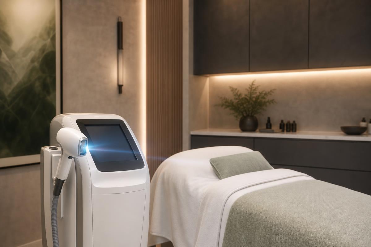 Modern laser treatment room with a clinical device and clean treatment bed