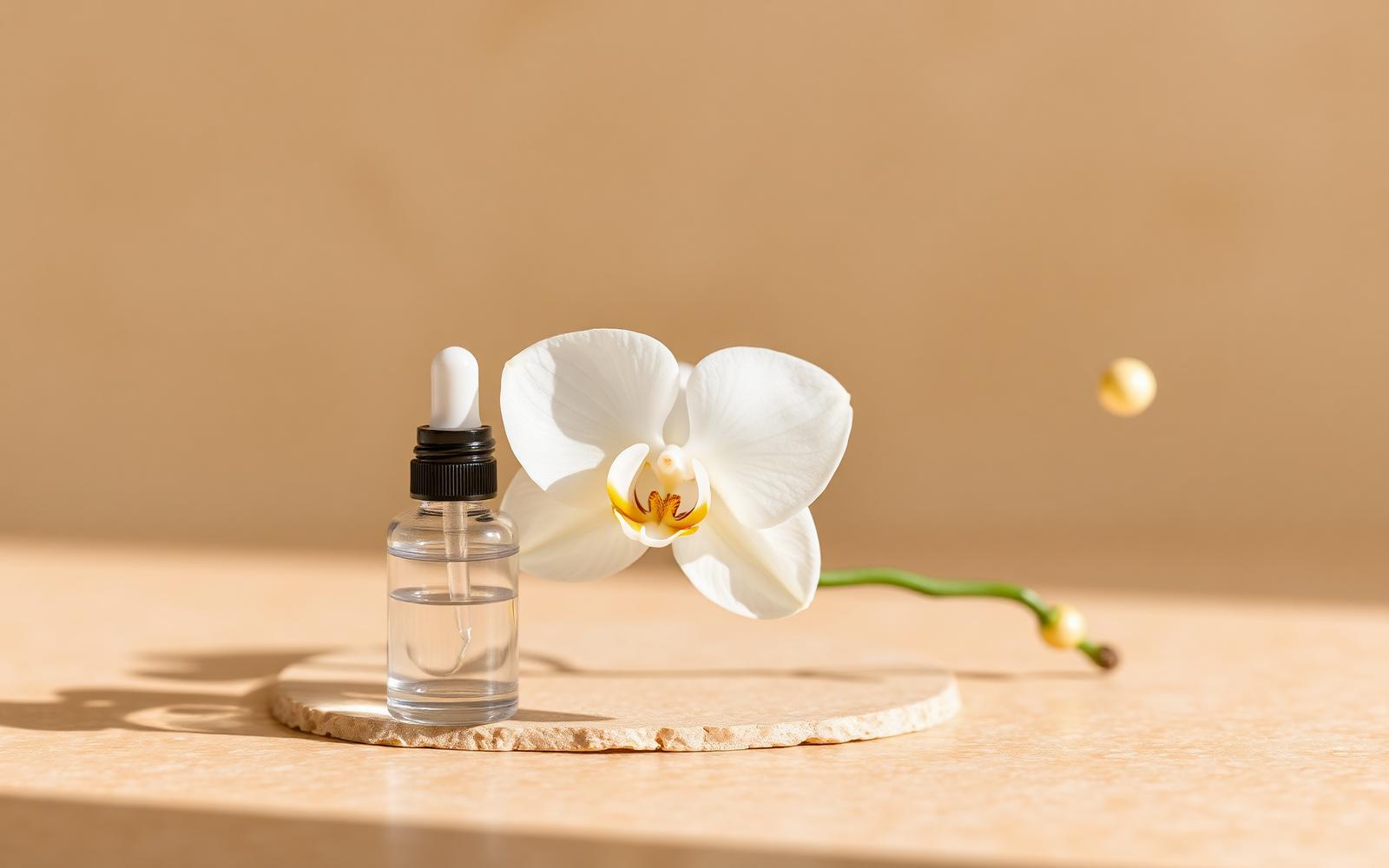 A single white orchid beside a clear glass dropper bottle on stone