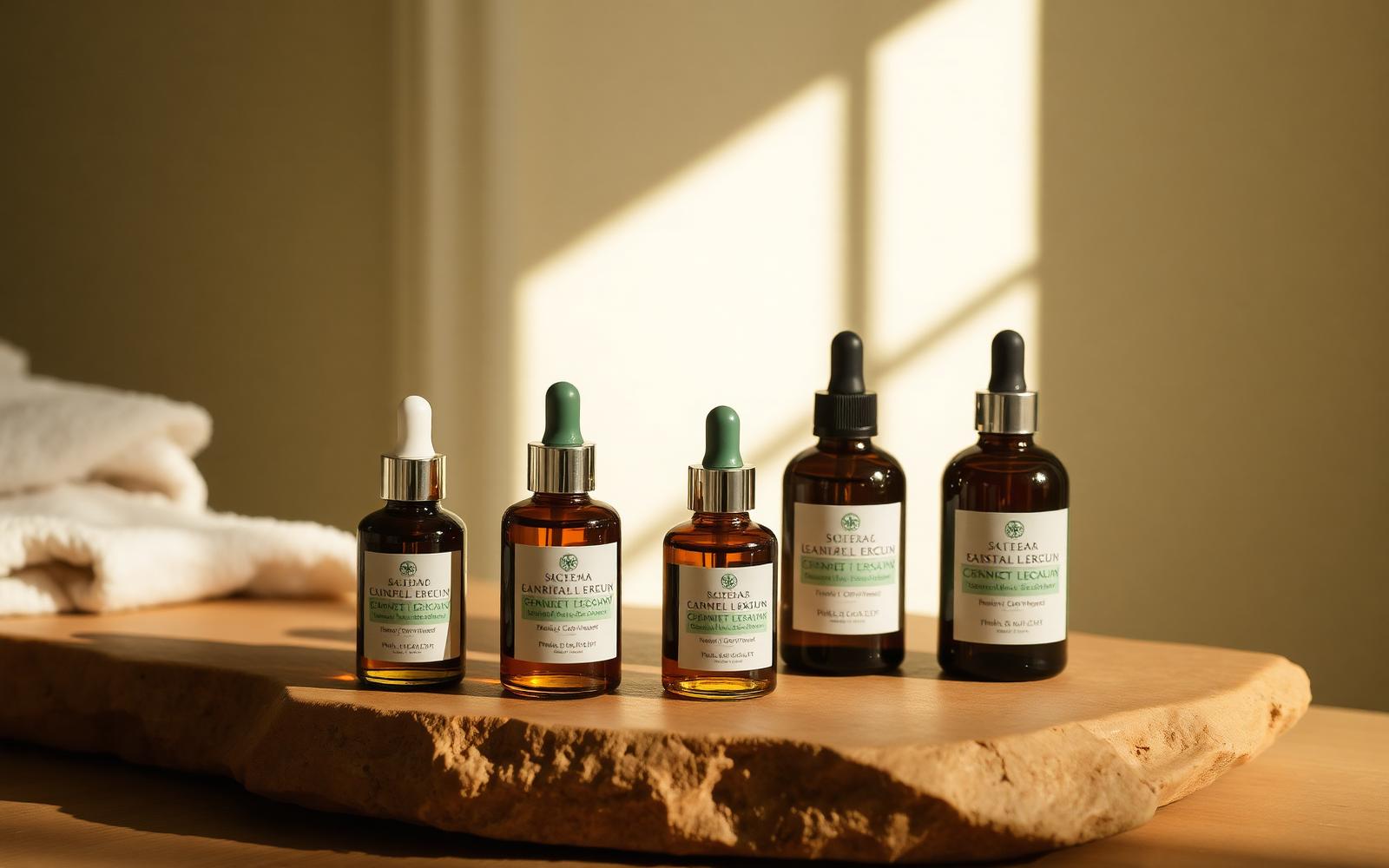Amber serum bottles arranged on a warm stone surface in soft natural light