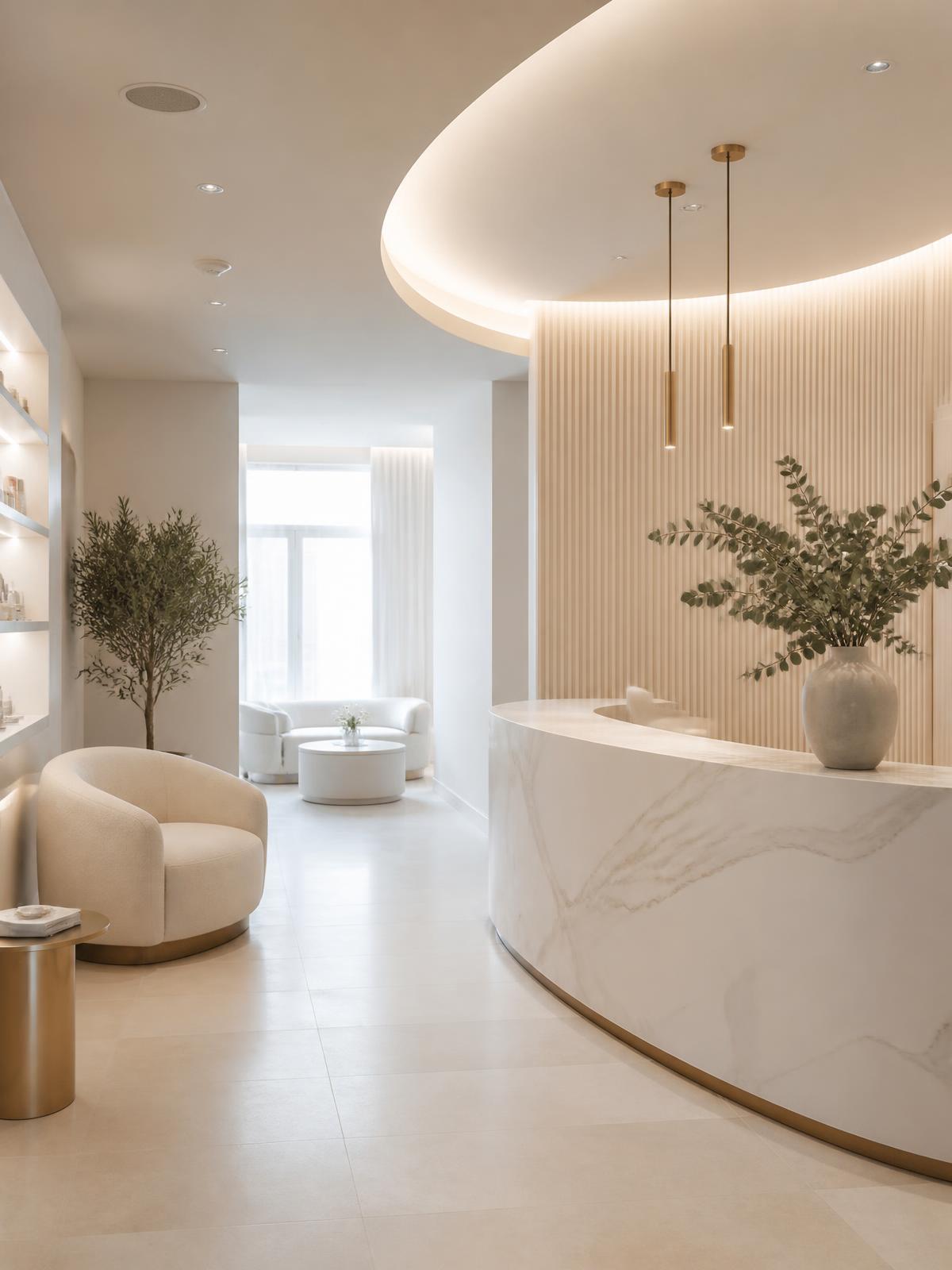 Bright, modern District Aesthetics clinic interior with marble surfaces and soft natural light