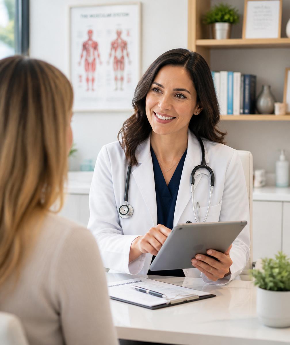 A medical professional in a clean white coat consulting with a patient